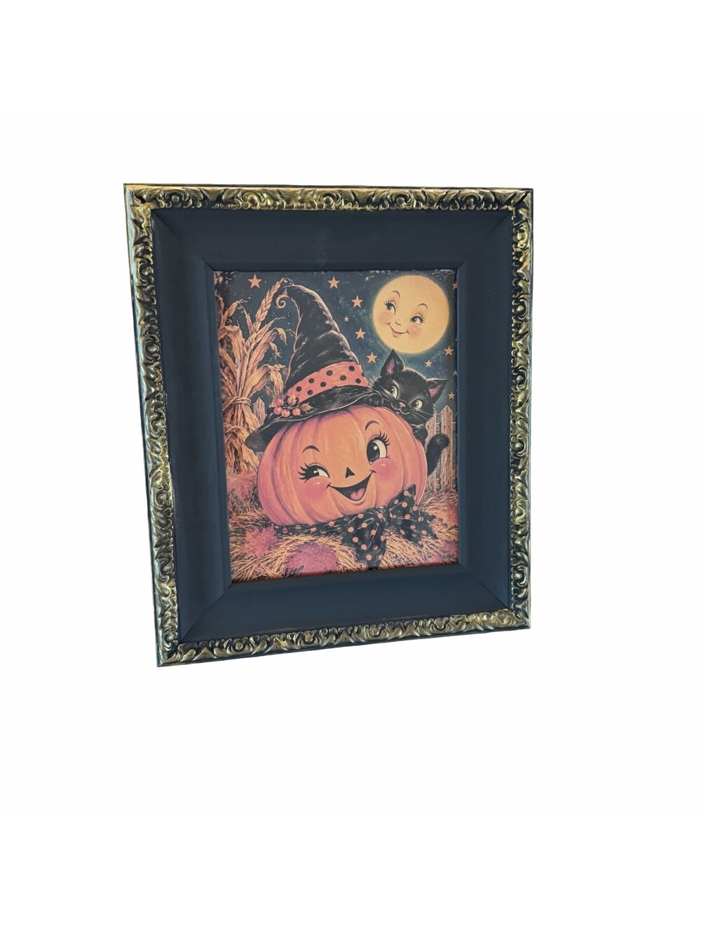 Upcycled Anthropomorphic Pumpkin Black Cat Halloween Kitschy Framed Wall Art
